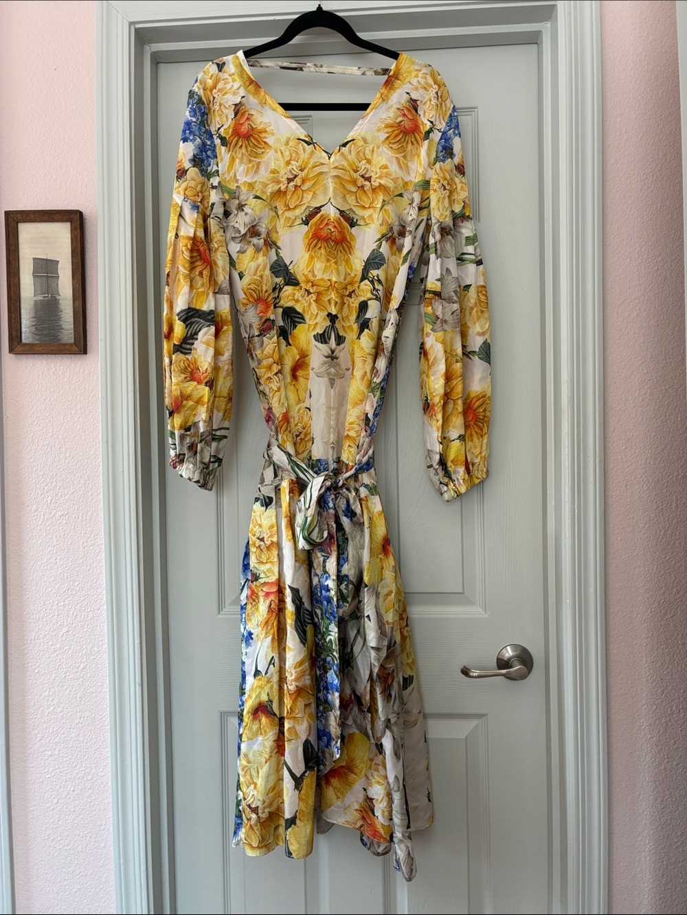 Yellow Floral V-Neck Long Sleeve Tie-Waist Dress